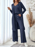 Blue polyester three-piece women's casual suit set with sling top, long cardigan, and trousers