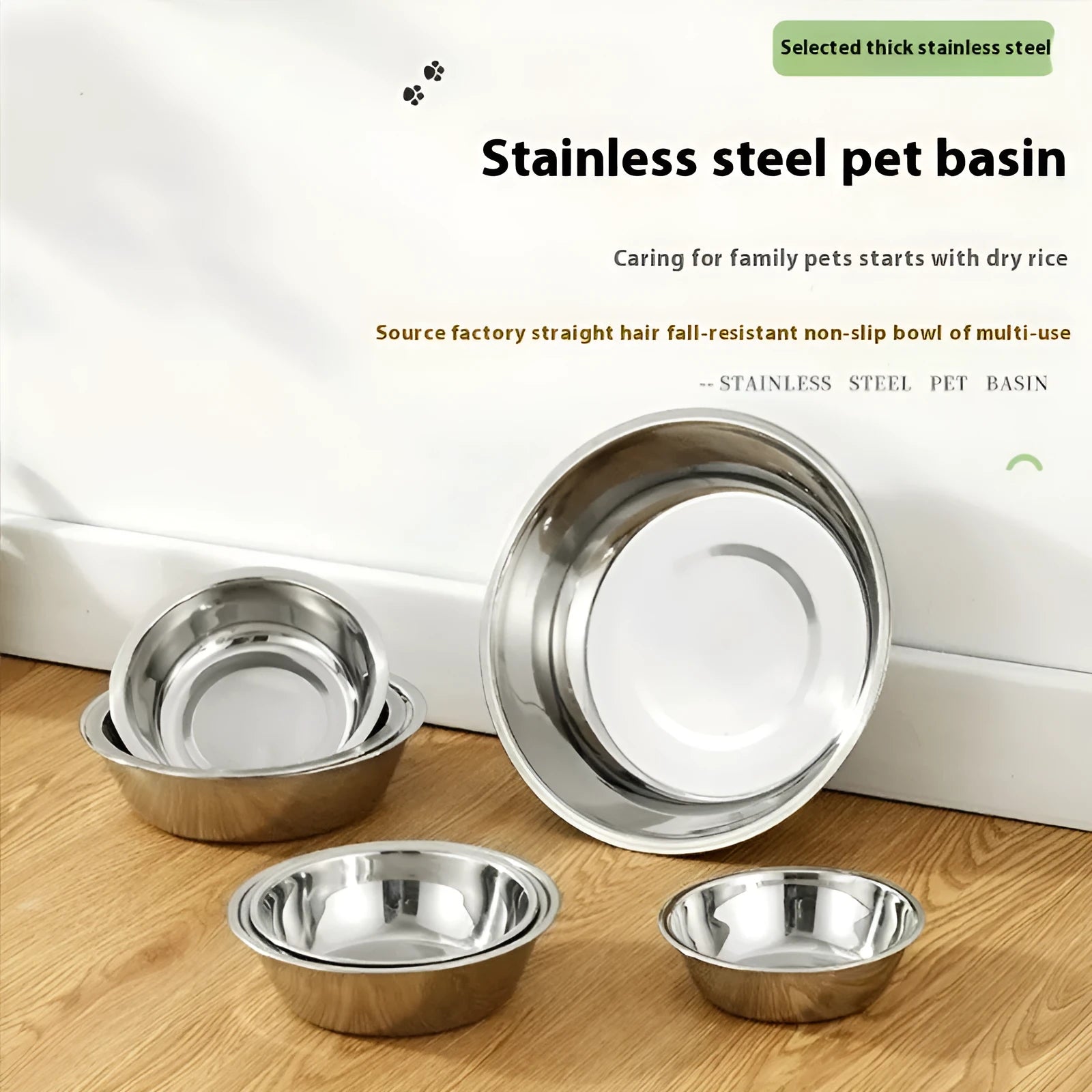 Stainless steel pet bowl for cats and dogs, shown in five different diameter sizes on a plain background.