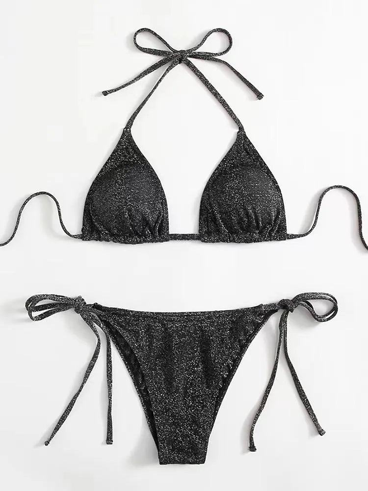 Women's split bandage bikini swimsuit in six colour options with detailed sizing measurements