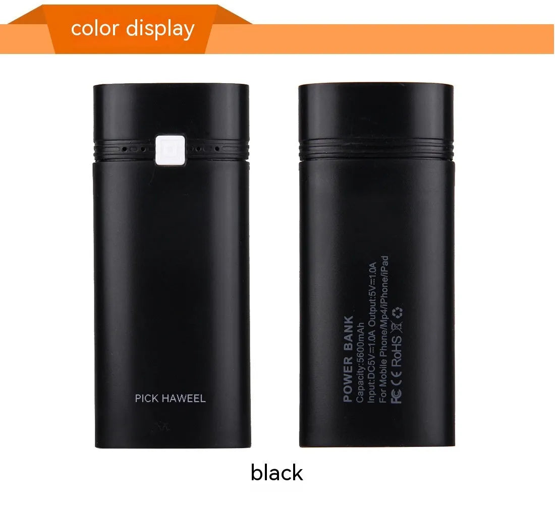 18650 mobile power supply DIY power bank case in black with spring-loaded battery slots and indicator light