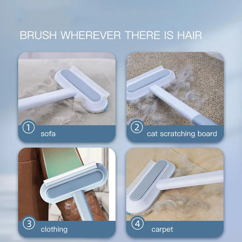 Multifunctional hair removal and window screen cleaning brush with blue flannel head and white plastic handle.
