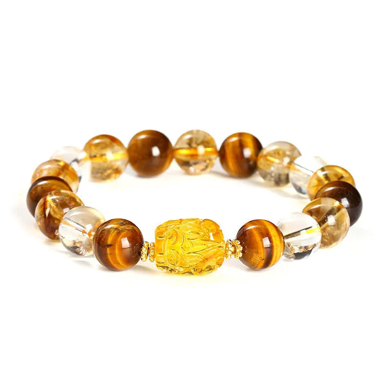 Yellow tiger's eye and citrine stone bracelet with Pi Xiu charm and 10mm geometric beads