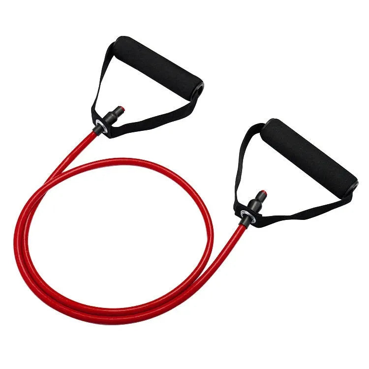 Colour-coded TPE chest expander resistance bands in yellow, green, red, blue, and black.