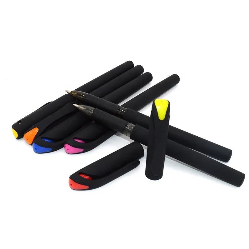 Set of 10 plastic gel pens with various coloured barrels and black ink refills showing 14cm length
