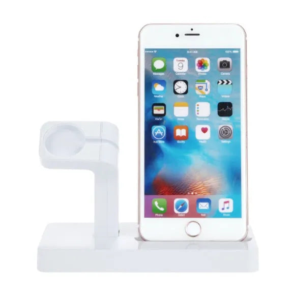 White charging dock station holding iPhone and Apple Watch with cable