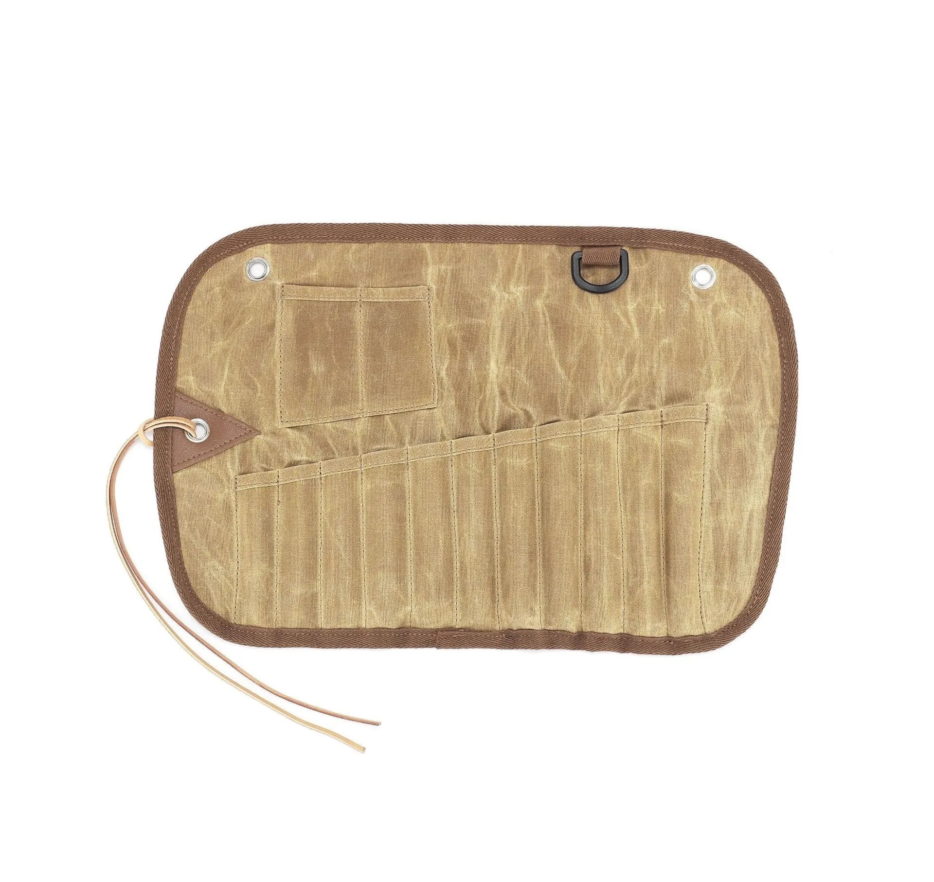 Waxed canvas tableware storage bag containing wooden handle cutlery set with chopsticks, knife, fork and spoons