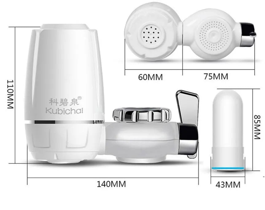 White plastic faucet water filter with ceramic cartridge and universal adapters for kitchen tap installation