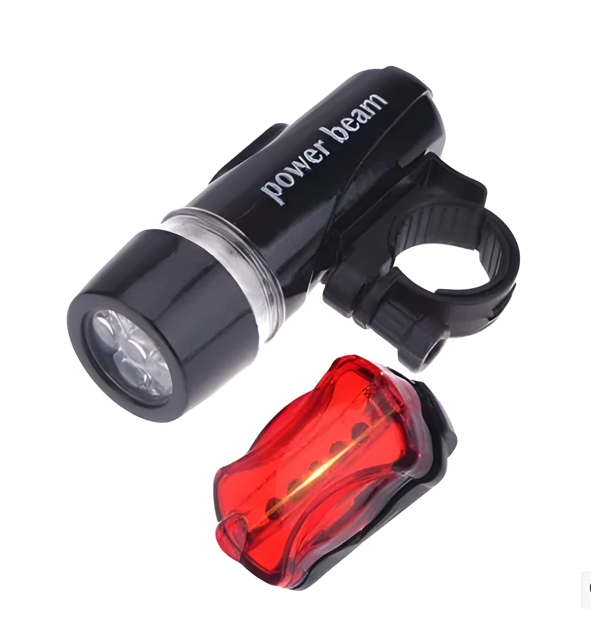 Black LED bicycle safety light set showing headlight, tail light, and clip-on back