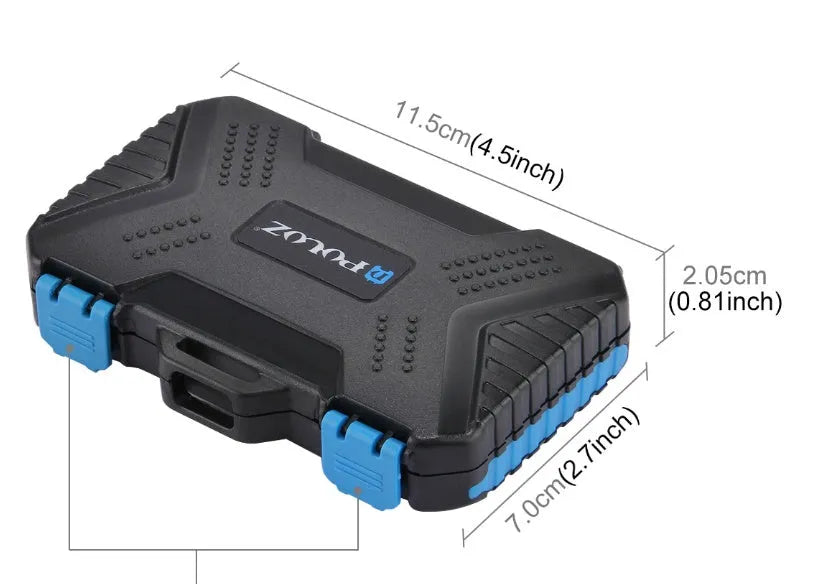 Black waterproof memory card case for 4CF 8SD 9TF SIM cards with blue TPV seal, 11.5 x 7.0 x 2.05 cm