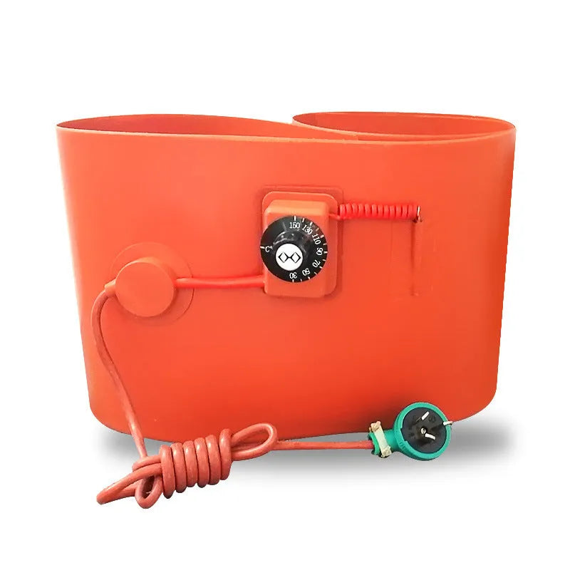 Silicone rubber heating belt wrapped around a 200-litre oil drum with digital display control unit.