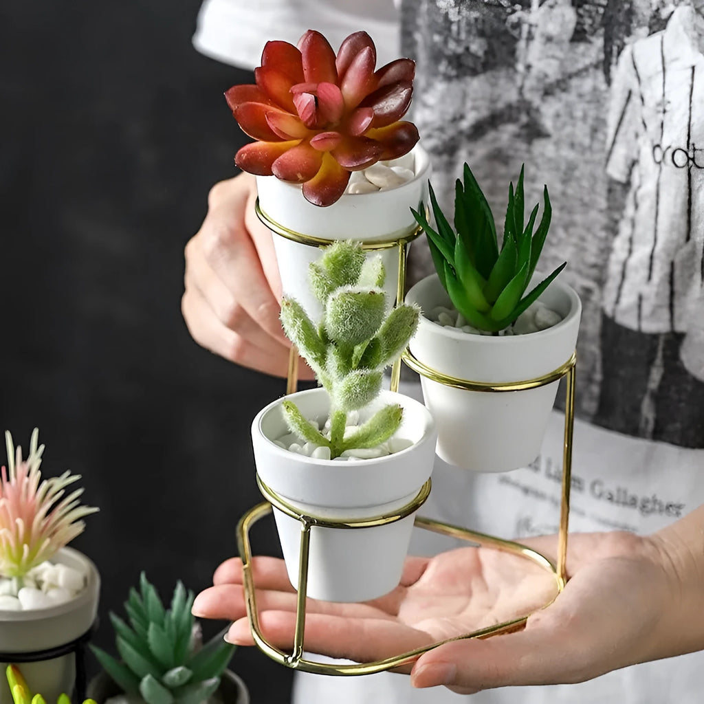 Set of grey pottery flower pots with electroplated metallic finish in multiple colour options