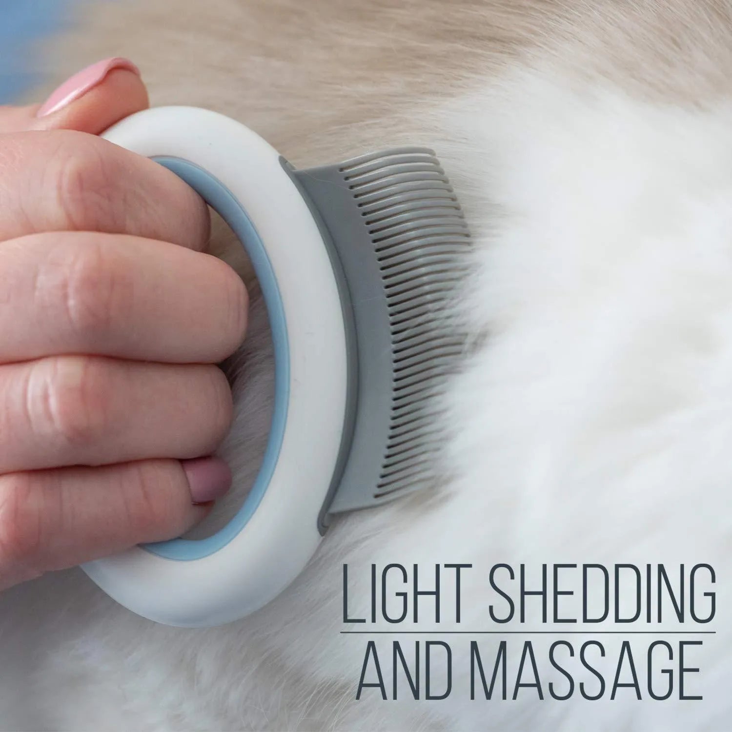 Small blue pet grooming comb with ergonomic handle for cat and dog hair removal