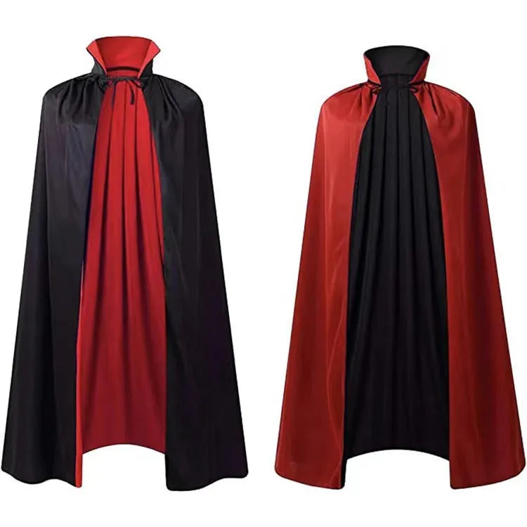 Black satin hooded cloak costume shown on mannequin with gold and purple colour options visible