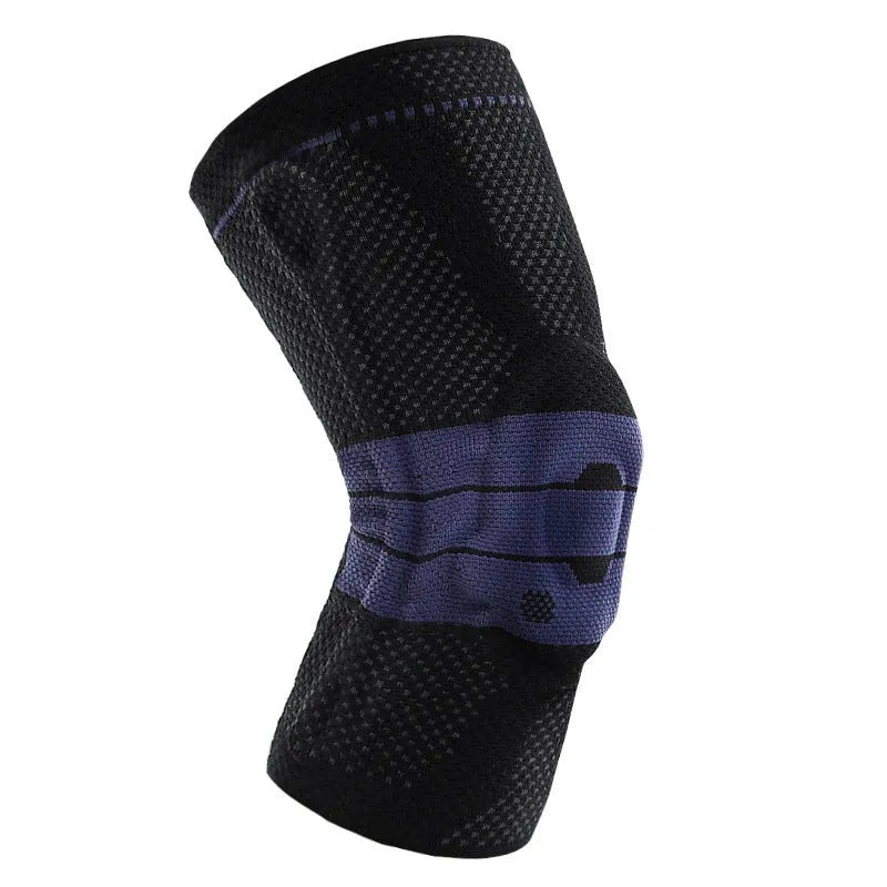 Adult sports knee pad in black and blue colour made from nylon and spandex material