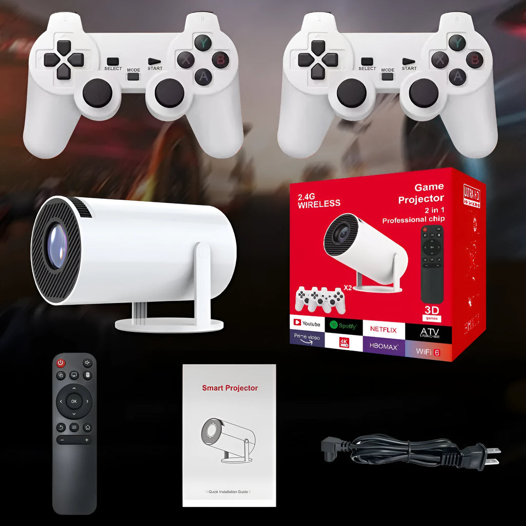 M300MAX portable projection game machine with handles in red or white packing box showing 720p HD resolution specification