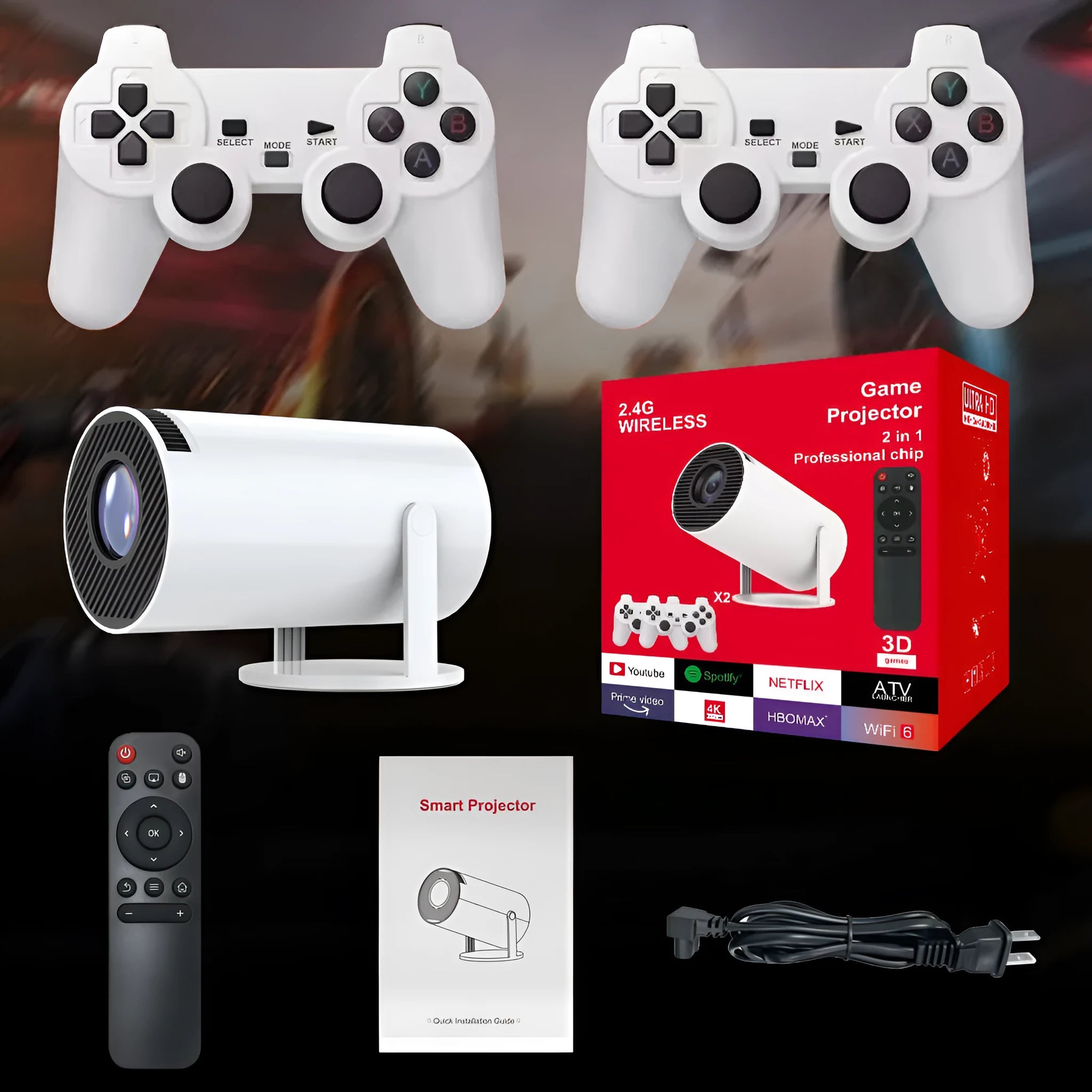 M300MAX portable projection game machine with handles in red or white packing box showing 720p HD resolution specification
