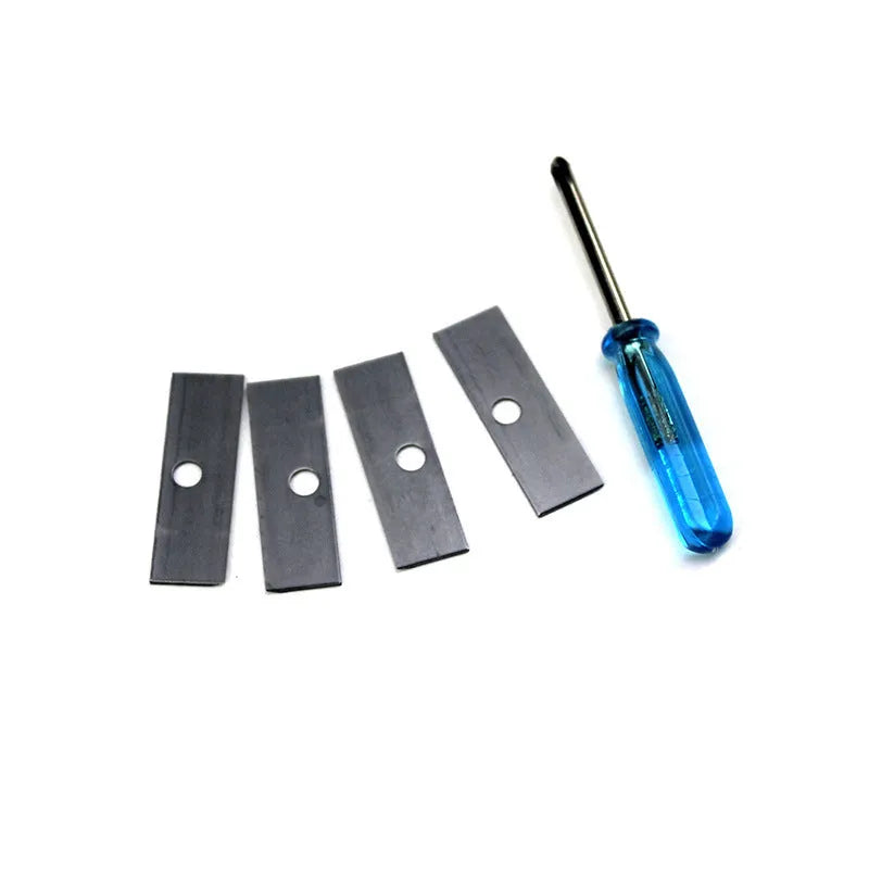 Geometric plastic pencil sharpener with four holes and an included screwdriver for blade maintenance.