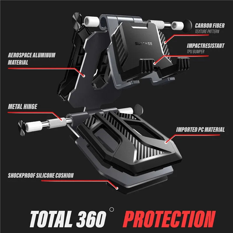 SUPCASE black aluminium alloy tablet and phone stand with adjustable 270° angle and anti-scratch TPU protection