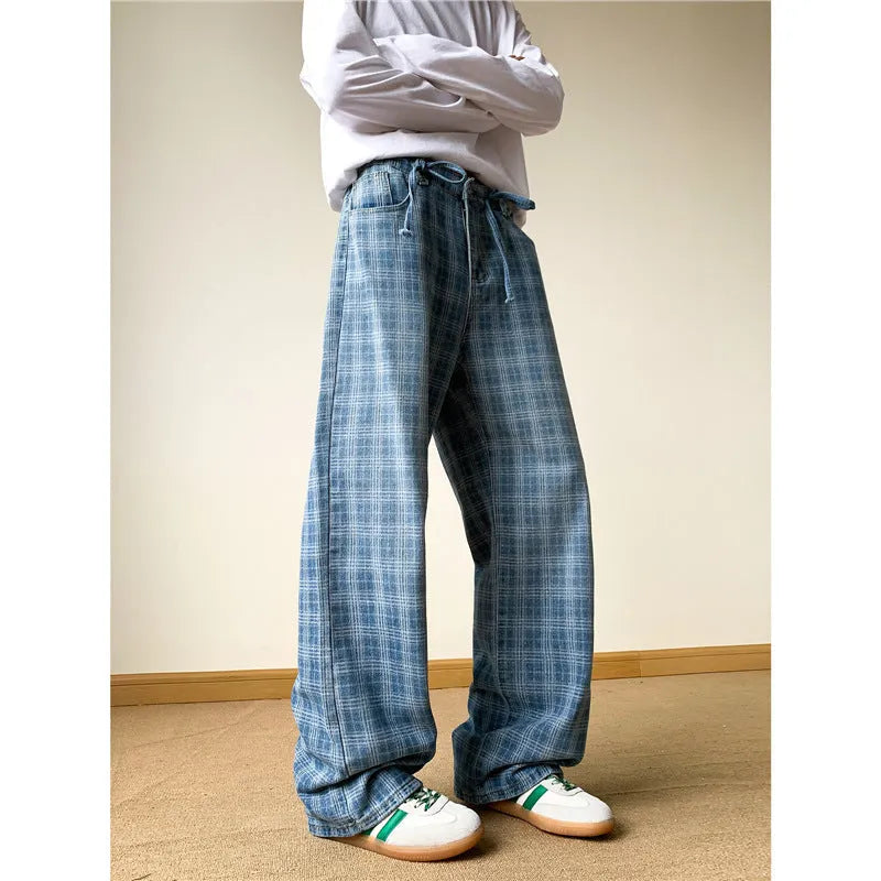 Retro blue plaid wide-leg skinny jeans in cotton denim with mid waist and zip fly