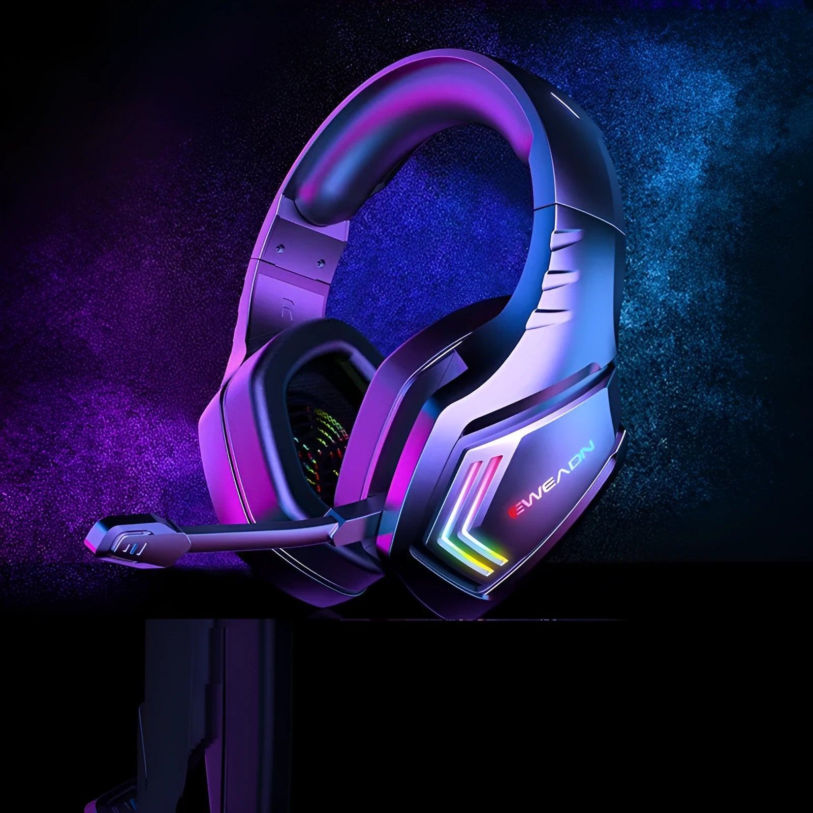 Black wireless Bluetooth headphones with RGB lighting effects and noise cancellation feature