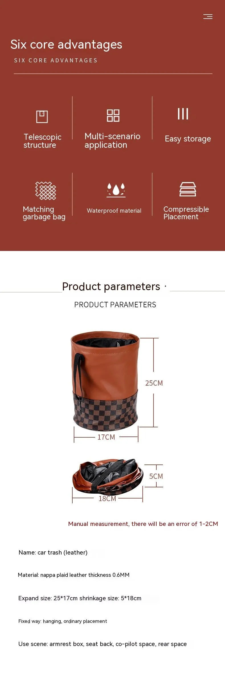 Retractable leather car trash can shown in expanded and collapsed positions