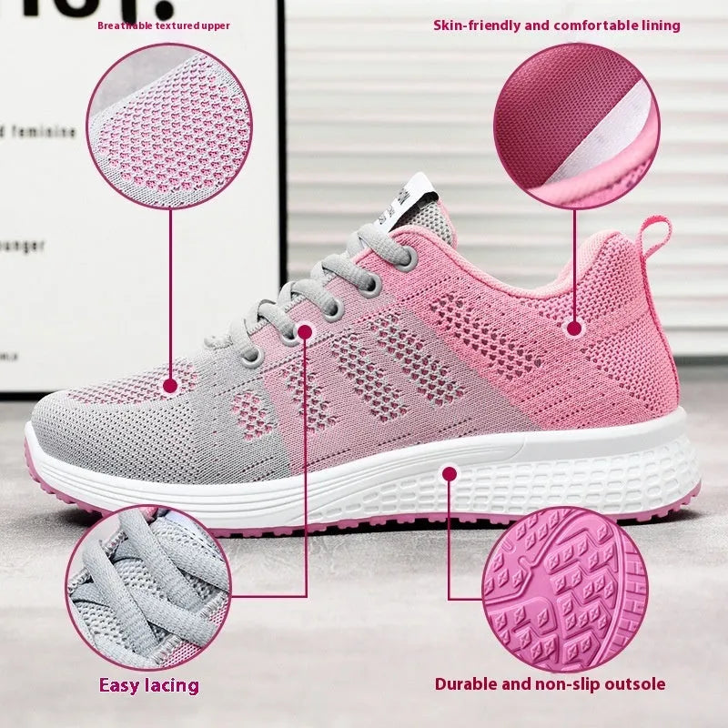 Women's Flyknit running shoes in three colour options with soft bottom and round toe design
