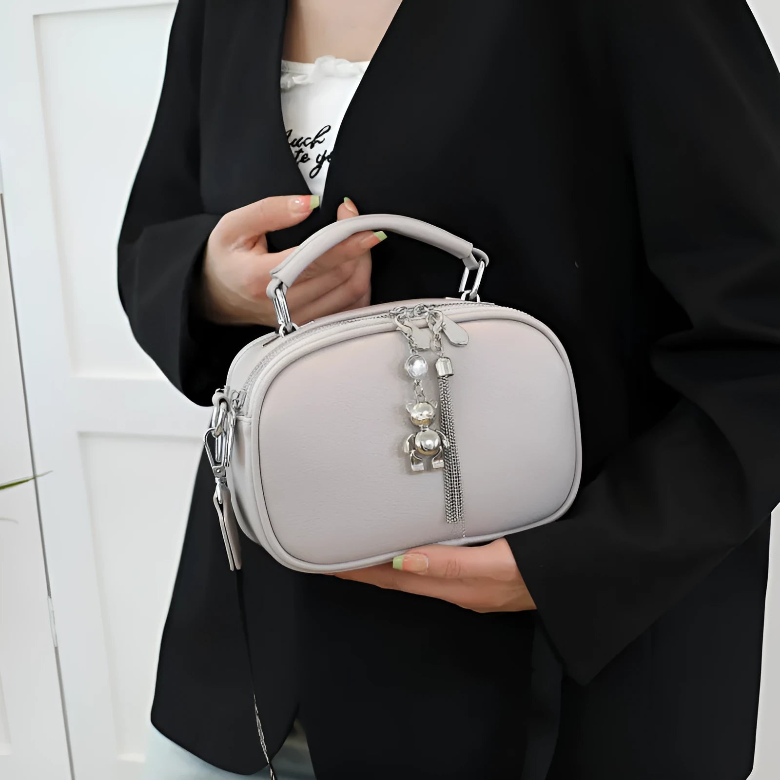 Women's 21x15cm PU stitching square bag with oval shape and double shoulder straps