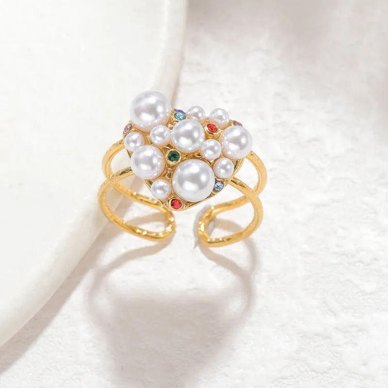 Women's adjustable open mouth ring with pearl and zircon stones on electroplated stainless steel