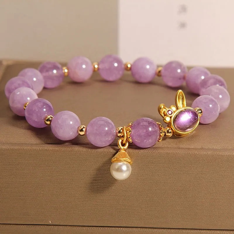 Purplish red jade hare head crystal bracelet with adjustable design for wrist wear