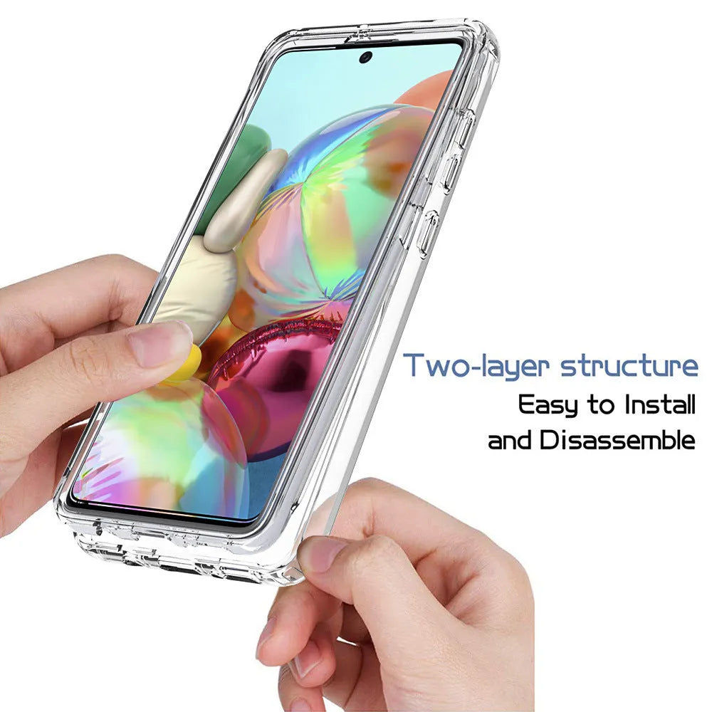 Transparent all-inclusive mobile phone case for Samsung Galaxy phones on a table.
