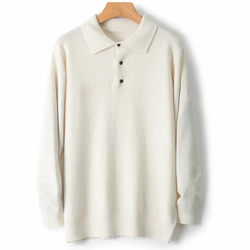 Men's wool pullover sweater with a polo collar in various colours on a size chart background.