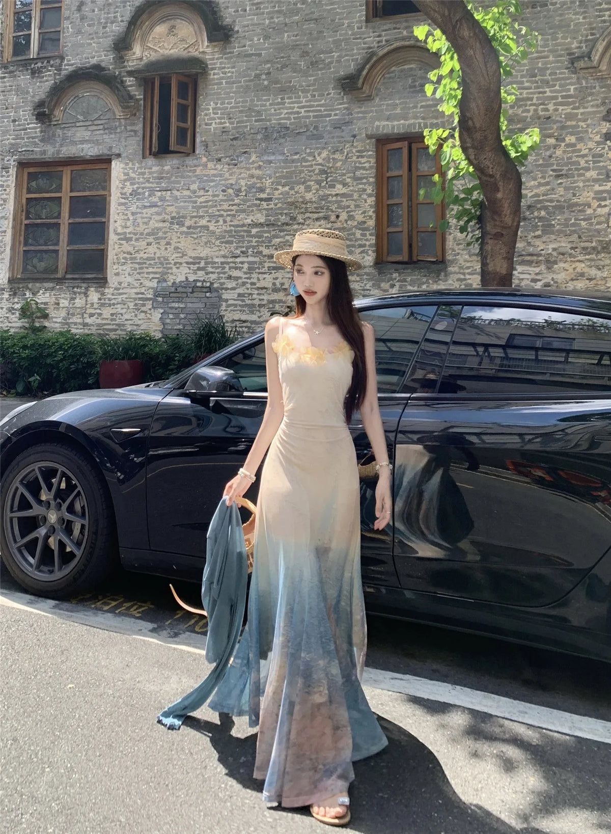 High waist fishtail midi dress with sleeveless cut, princess sleeves, and suspender dress styling in spandex, sizes S M L.