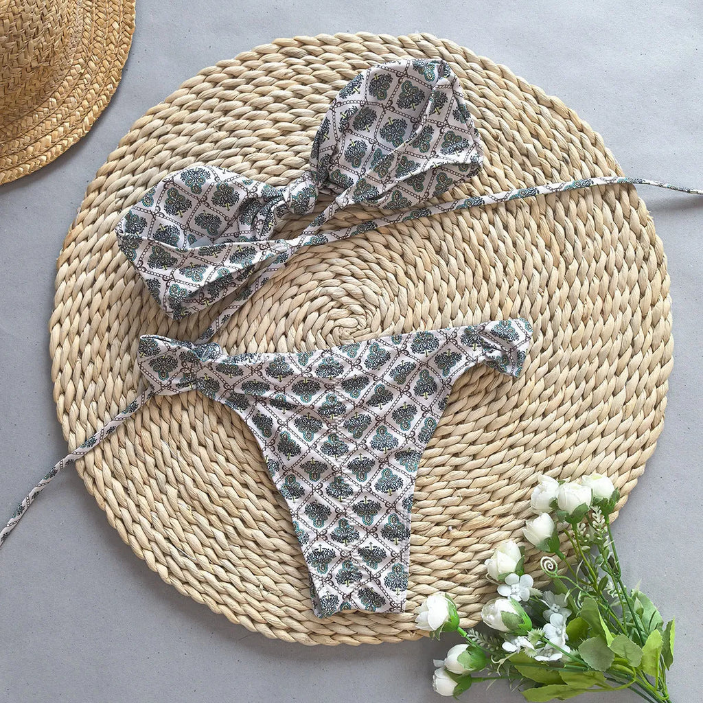 Women's gray push up split bikini set with black and white accents, nylon fabric