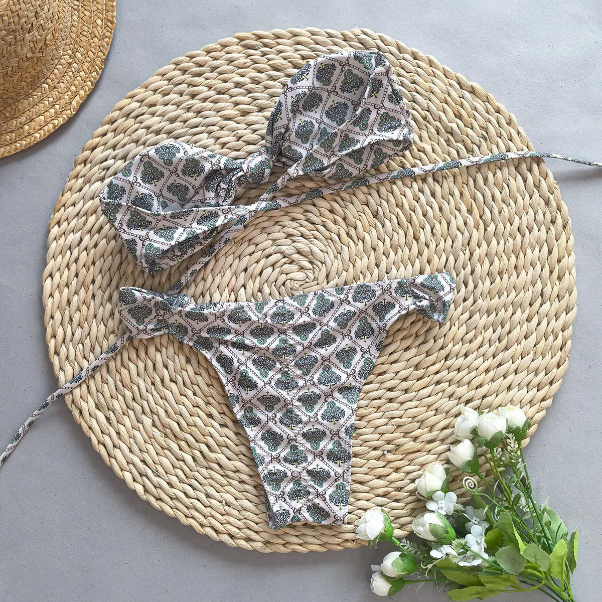 Women's gray push up split bikini set with black and white accents, nylon fabric