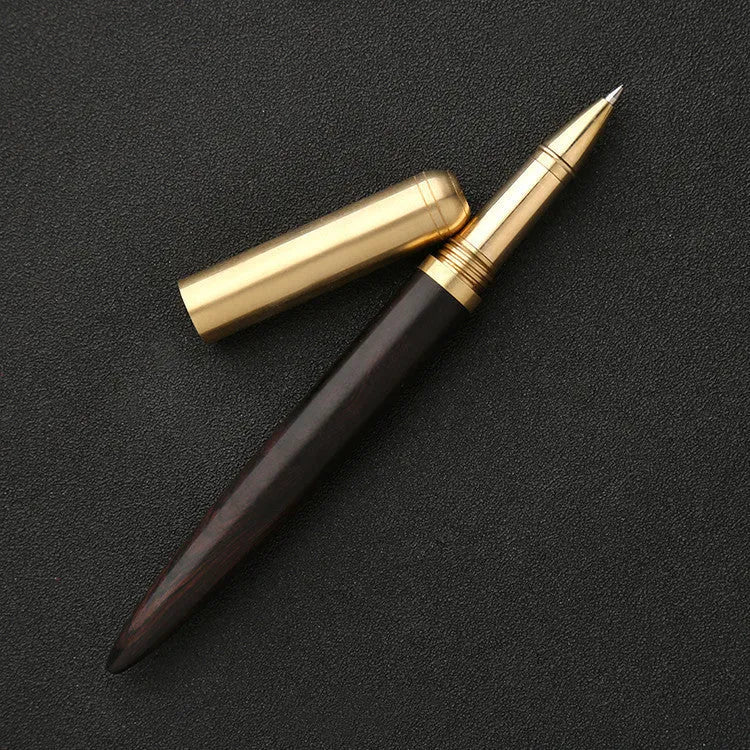 Solid wood and brass signature pen showing choice of ebony, rosewood, sandalwood, tiger skin wood, and wingwood finishes.