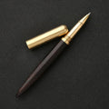 Solid wood and brass signature pen showing choice of ebony, rosewood, sandalwood, tiger skin wood, and wingwood finishes.