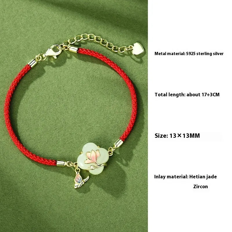 S925 sterling silver Magnolia flower necklace, bracelet, and earrings set with inlaid Hetian jade.