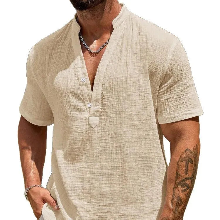 Men's solid colour stand collar short-sleeved shirt in a lightweight fabric.