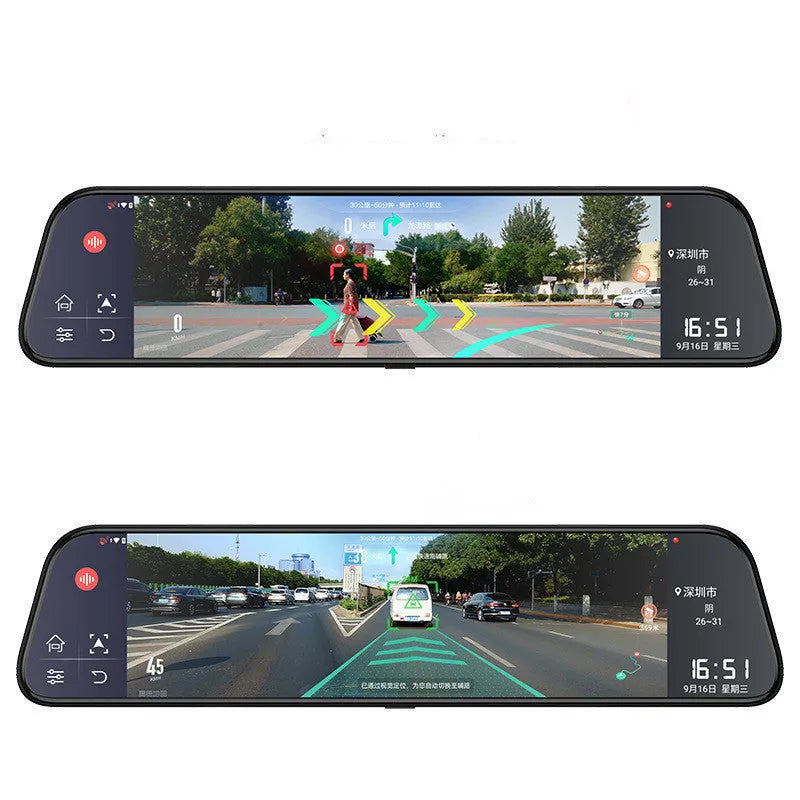12-inch rearview mirror car tachograph with touchscreen display and dual cameras for front and rear recording