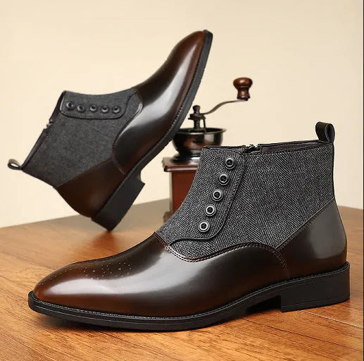 Brown and green men's retro formal shoes with square toe, side zip, and low square heel.