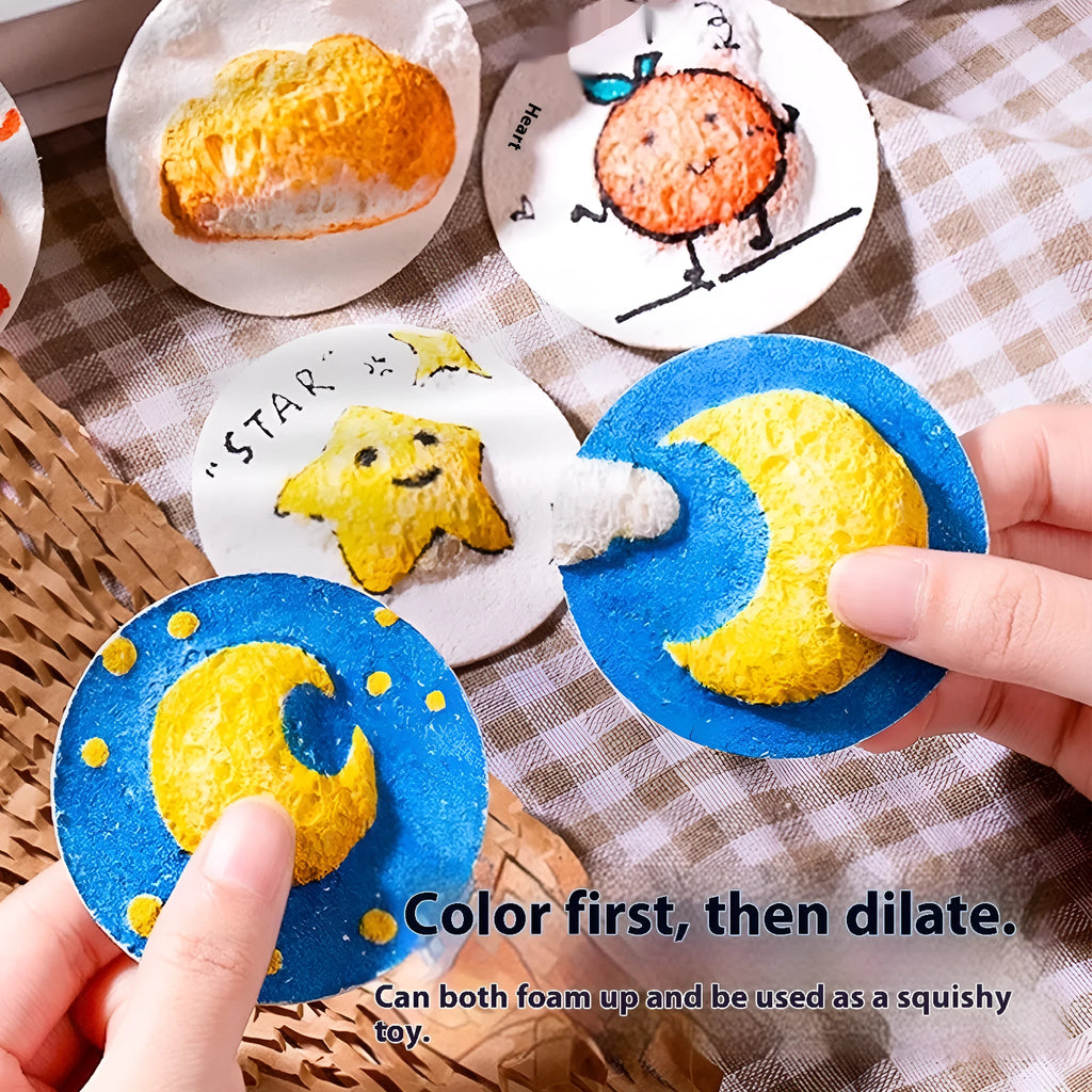 Painting sponge set with heart, round, and square wood pulp paper sponges and six fountain pens for DIY art.