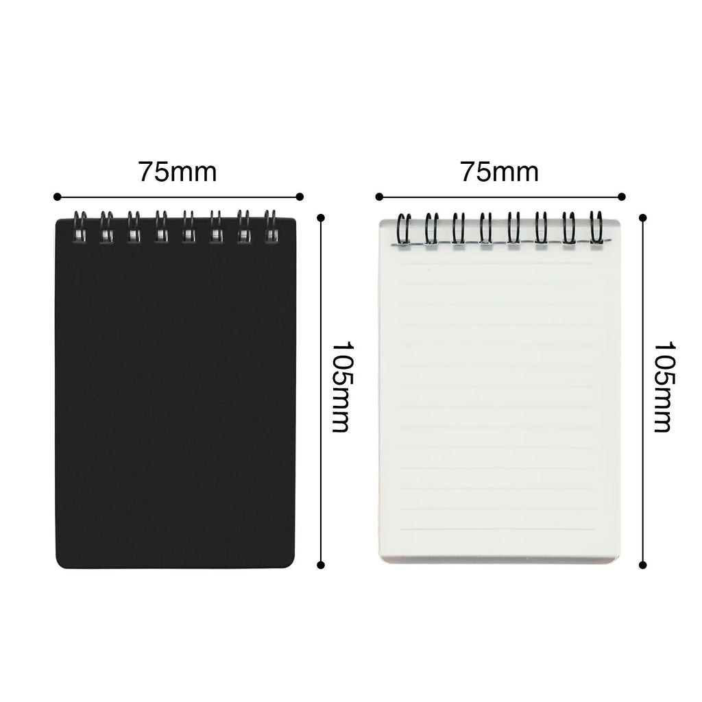 A6 spiral notebook with PP cover, pen, and rag on a surface