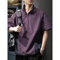 Men's brown half-zip stand collar short-sleeved shirt made from ice silk fabric