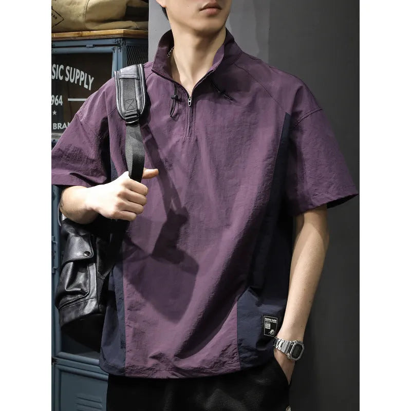 Men's brown half-zip stand collar short-sleeved shirt made from ice silk fabric