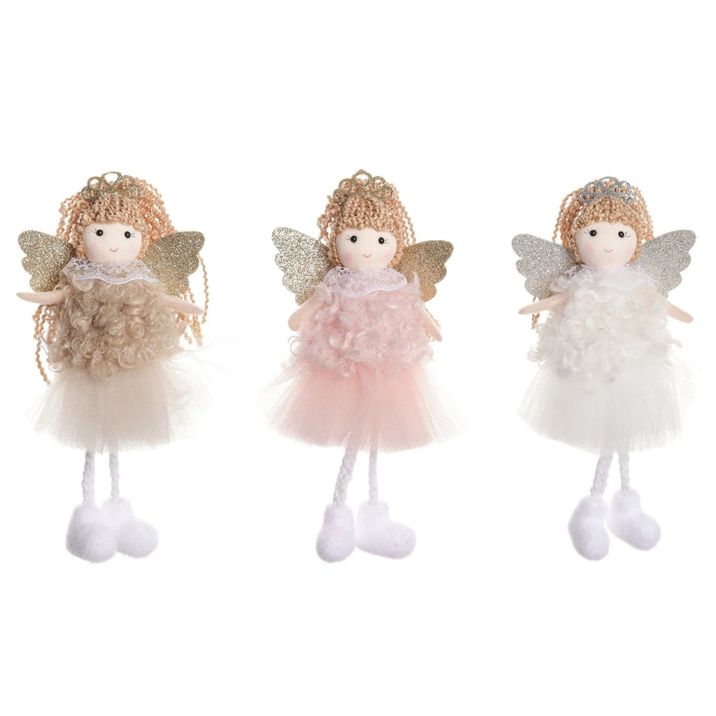 Cartoon angel Christmas fabric hair pendant clip on a ponytail, shown in white, pink, and khaki colours.