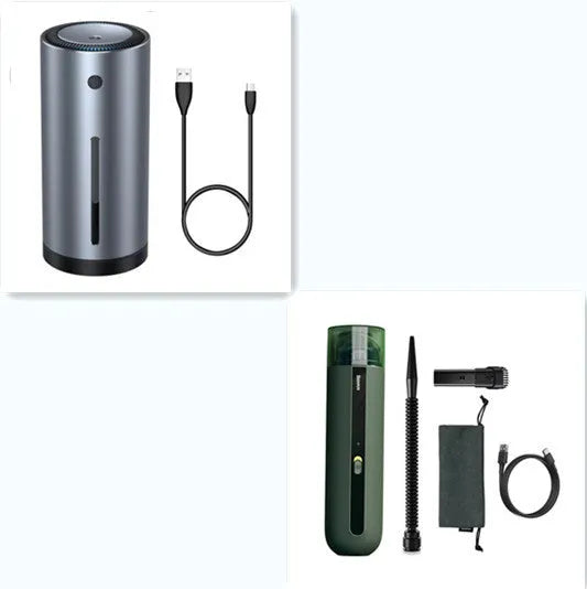 Baseus handheld cordless car vacuum cleaner with blowing hose, shown in black next to its 60ml dust cup.