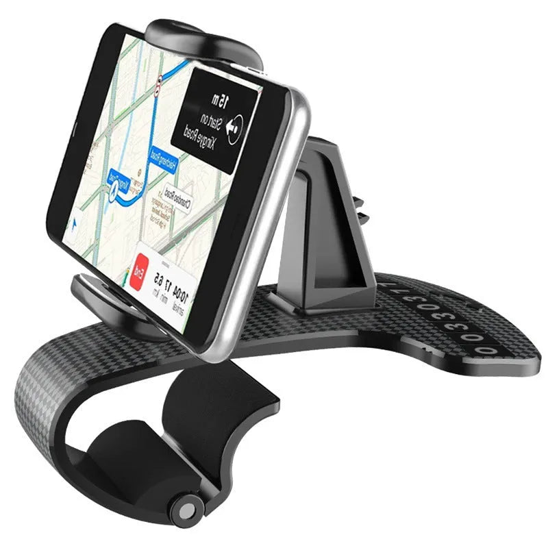 Black 360-degree rotating adjustable car phone holder mounted on a dashboard