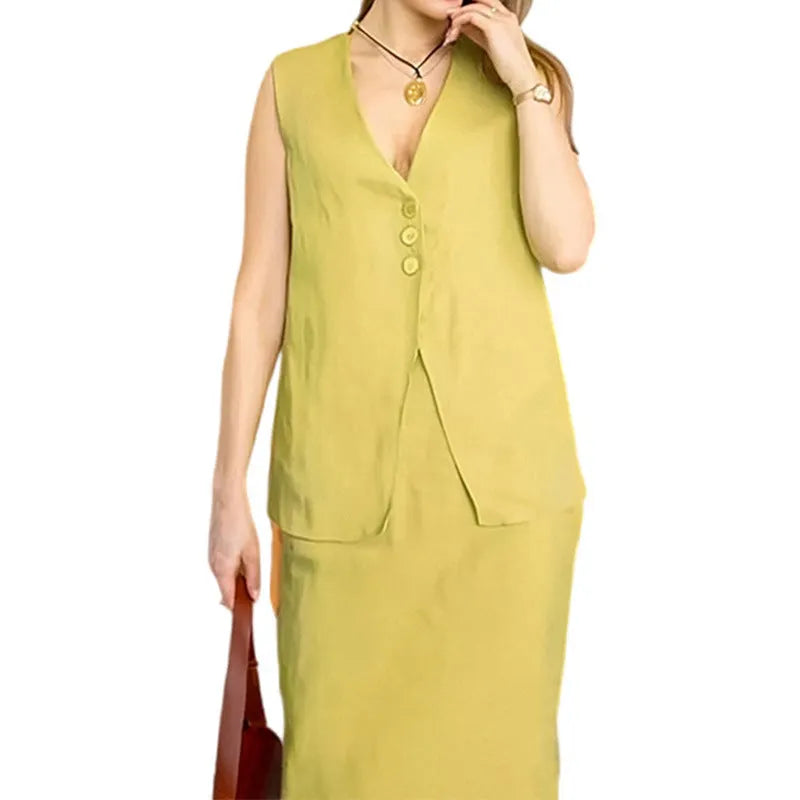 Women's blue sleeveless vest and long skirt two-piece casual co-ord set on a hanger.