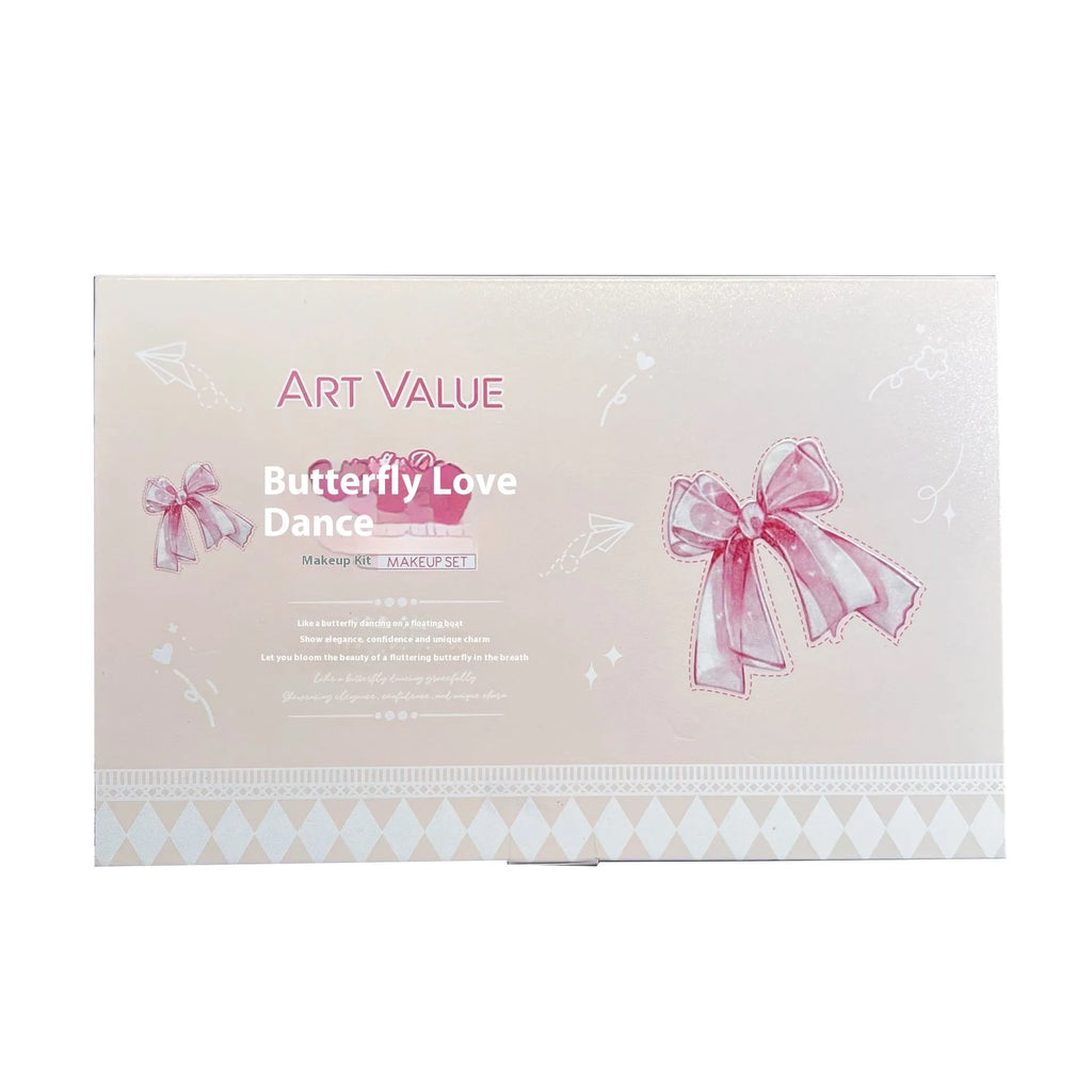 Butterfly Box pink makeup set with four matte lip muds, powder blusher, and necklace