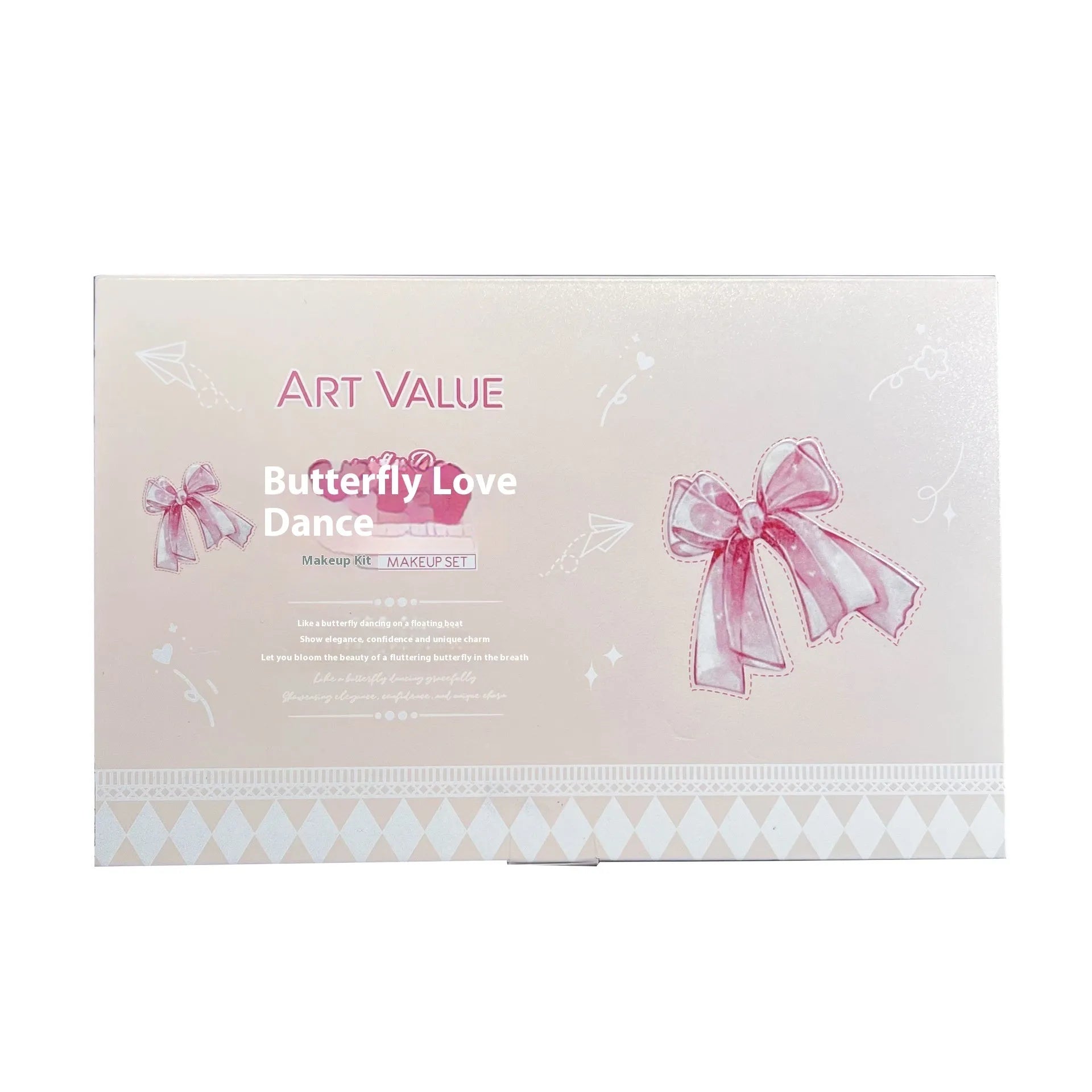 Butterfly Box pink makeup set with four matte lip muds, powder blusher, and necklace
